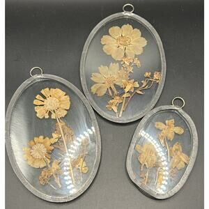 Vintage Dried Pressed Flowers Pewter Frame Oval Window Suncatcher Set Of 3